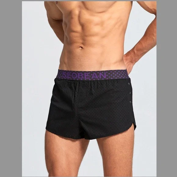 SEOBEAN MENS BLACK MESH SHORTS SIDE SPLITS WITH SNAPS ATHLETIC BEACH TRUNKS - Picture 10 of 14